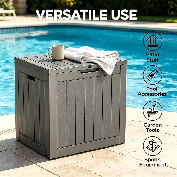 34 Gallon Outdoor Storage Box, Resin Deck Box Waterproof, Raised Bottom Outside Storage Bin with Lockable Lid for Patio Cushions & Garden Tools - Beige