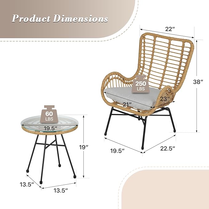 Athena Collection Patio Bistro Sets, 3 Piece All Weather Furniture Set Outdoor Conversation Set Glass Table and Rattan Chairs Set with Soft Cushions for Garden, Poolside, Backyard, Light Gray