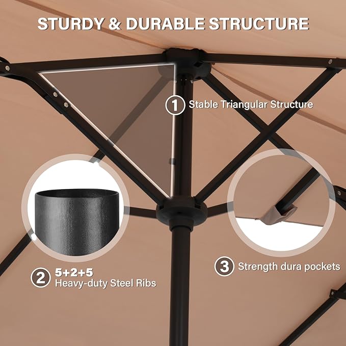 13 ft Patio Umbrella, Large Rectangle Outdoor Umbrella with Strap, Crank, Khaki