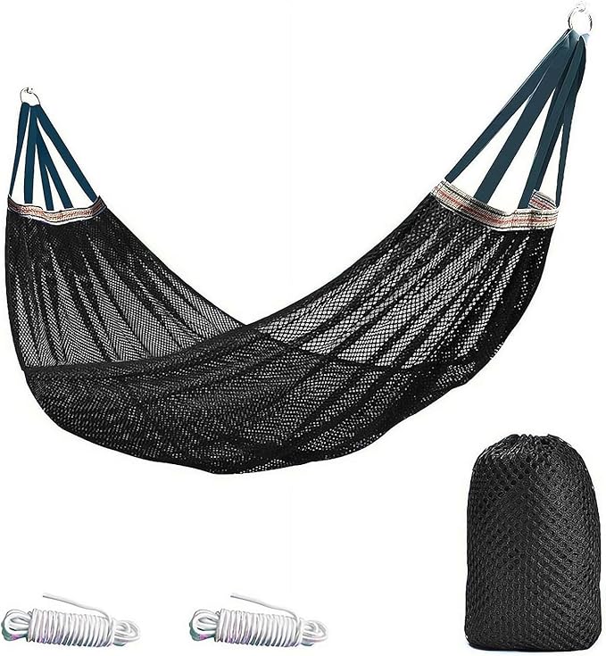 Camping Hammock Nylon Mesh Portable Hanging Bed Outdoor Hammock for Adults 440lbs Capacity, Anti-Roll Breathable Hammocks for Hiking Travel Beach Garden Backpacking(Black)