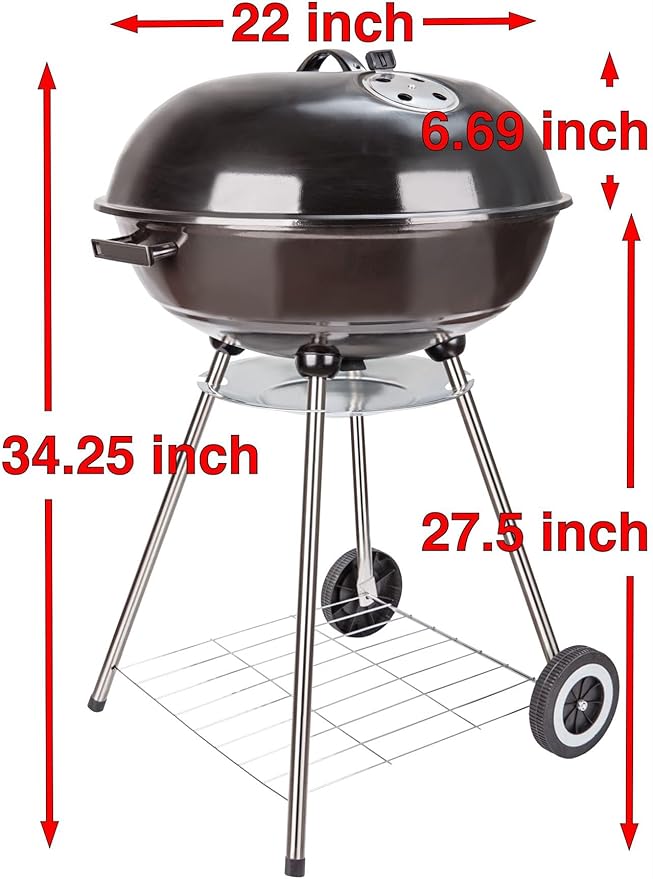 22 Inch Portable Charcoal Grill with Wheels for Outdoor Cooking Barbecue Camping BBQ Coal Kettle Grill - Heavy Duty Round with Thickened Grilling Bowl Wheels for Small Patio Backyard