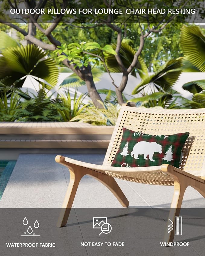 Outdoor Pillows Covers with Inserts Merry Christmas Bear and Tree Red Green Buffalo Plaid Waterproof Pillow with Adjustable Strap Throw Pillows for Patio Furniture Recliner Lounge Chair, 12"x20", 2PCS