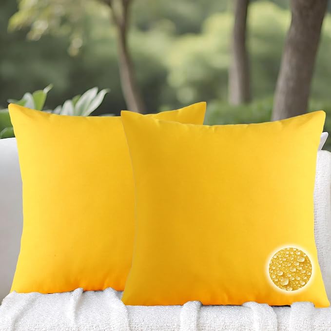 Outdoor Throw Pillows with Inserts, Waterproof Pillows for Outdoor Seating, Square Decorative Garden Cushion for Patio Furniture, Bed, Couch, Sofa(Yellow, 18" x 18" (Pack of 2))