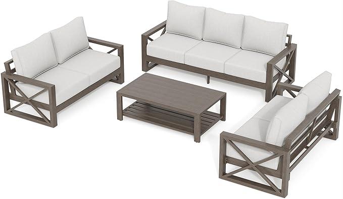 UDPATIO Aluminum Patio Furniture Set, 7 Seats Outdoor Patio Sets with Coffee Table, Faux Wood Patio Furniture Set Metal Modern Outdoor Sectional for Deck Porch Patio, Light Grey