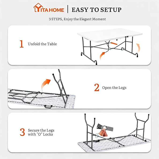 DWVO 6FT Folding Table, Heavy Duty Folding Tables with Carrying Handle, HDPE Fold up Table for Outdoor Camping Picnic Parties, Indoor Events, White