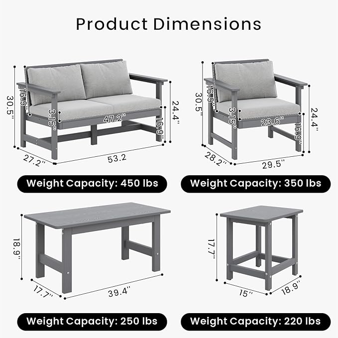 5-Piece Patio Conversation Sets, Weatherproof HDPE Sectional Furniture Set with Cushions, Outdoor Sofa Set for for Porch, Balcony, Deck, Lawn (Grey)
