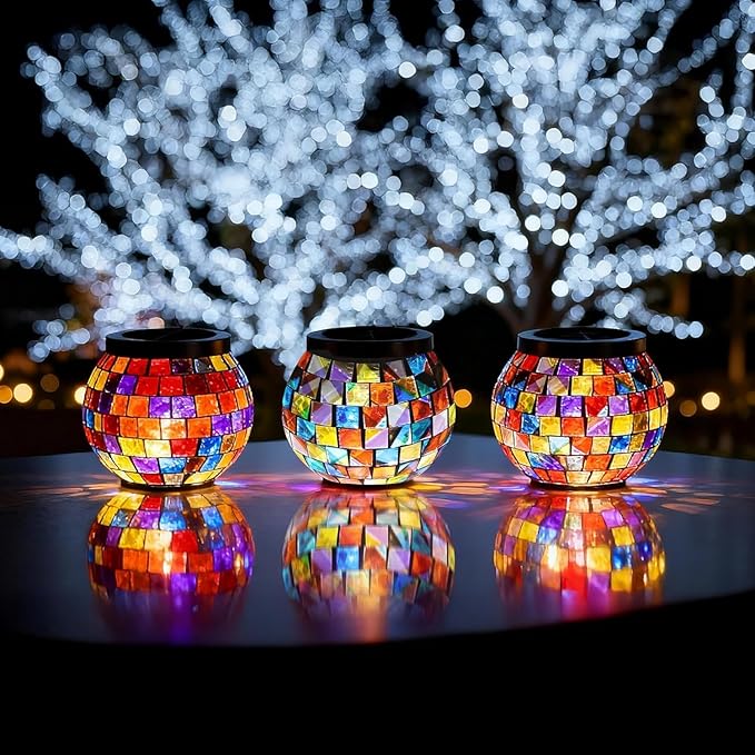 Cooo 2 Pack Gift for her him Landscape Lighting Path Lights Heavy Solar Mosaic Lantern with RGB Color-Changing Light – Dual Solar Panels, Red Amber Glass Tiles, Waterproof Outdoor