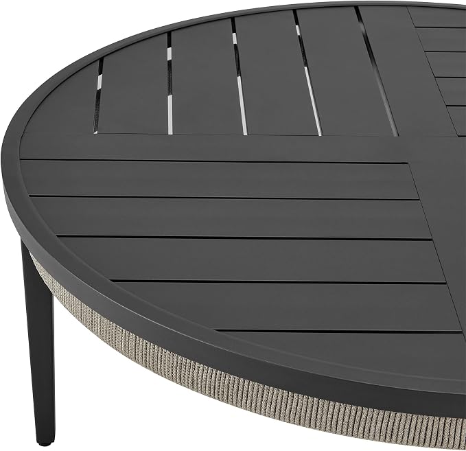 Armen Living Zella Round Coffee Table in Aluminum with Charcoal Finish and Light Gray Rope