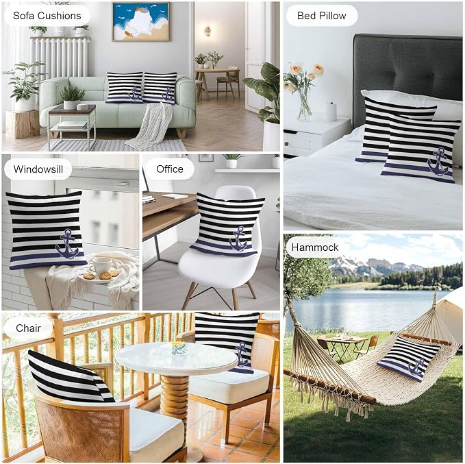 Throw Pillow Covers 24x24 Inch Set of 2, Anchor Black Waterproof Outdoor Cushion Covers, Modern Navy Blue White Striped Nautical Decorative Pillowcases for Couch, Sofa, Bed, Garden, Patio
