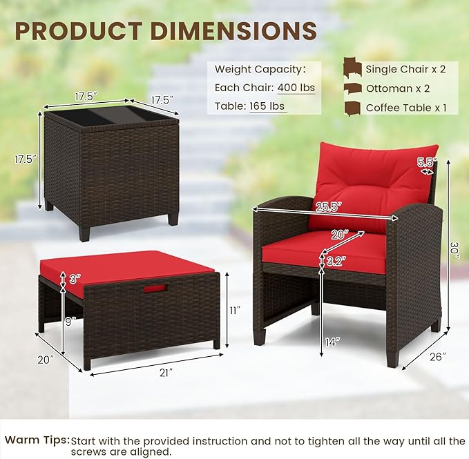 ORALNER 5 Pieces Patio Furniture Set with Ottoman, Wicker Conversation Set w/Cushions, Glass Coffee Table, Outdoor Rattan Lounger Chairs Bistro Set for Porch Balcony Garden Deck Poolside (Red)
