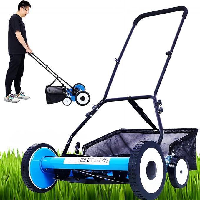 20" Push Reel Lawn Mower, 5-Blade Manual Push Lawn Mower with Grass Catcher and Adjustable Cutting Height, No-Motor Grass Cutter Machine for Small Yards & Gardens
