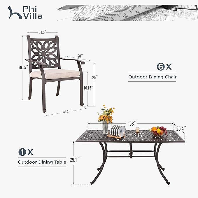 PHI VILLA 7 Pieces Outdoor Cast Aluminium Dining Set for 6, 63" Long Table with Umbrella Hole & Heavy-Duty Chairs with Cushions, Large Outside Furniture Set for Patio, Deck, Porch, Backyard - Brown
