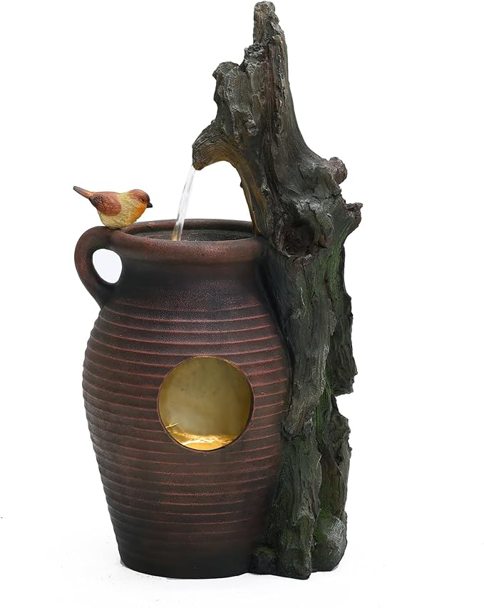 LuxenHome 30 Inch Tall Outdoor Water Fountain, Rustic Pot and Tree Trunk Cascading Waterfall Fountain Outdoor and Indoor with LED Lights, Resin Garden Water Fountains for Patio, Porch, and Backyard