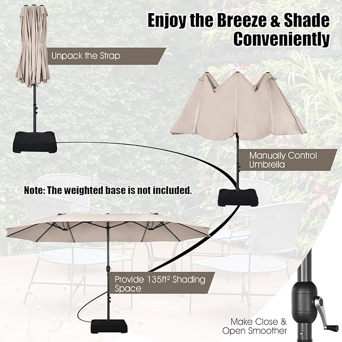 Tangkula 15Ft Double-Sided Patio Umbrella, Outdoor Extra Large Umbrella W/Hand-Crank System & Air Vents, Market Twin Umbrella W/ 12-Rib Sturdy Metal Frame for Poolside, Garden Backyard (Beige)