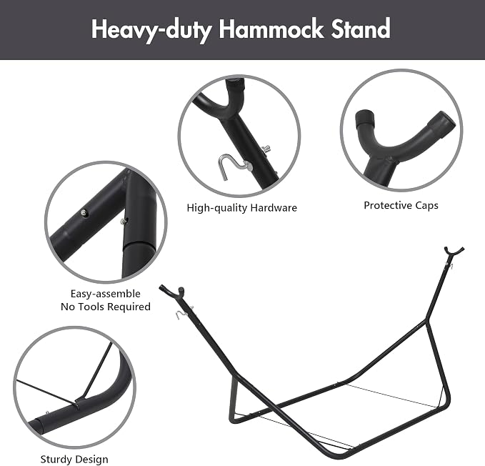 ANOW Double Space Saving Hammock with Stand, Dark Gray with Tassels | Height Adjustable, Portable, Heavy-Duty Steel Stand, Indoor Outdoor Use, 475 Lbs Capacity