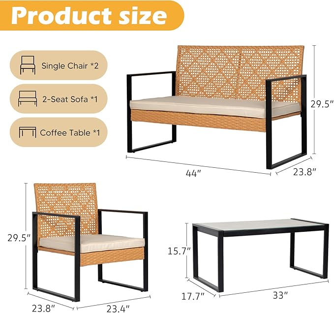 PROHIKER 4 Pieces Patio Furniture Set, Outdoor Wicker Patio Conversation Sets with Cushion and Glass Table, Front Porch Furniture Sets for Yard Pool Backyard Garden