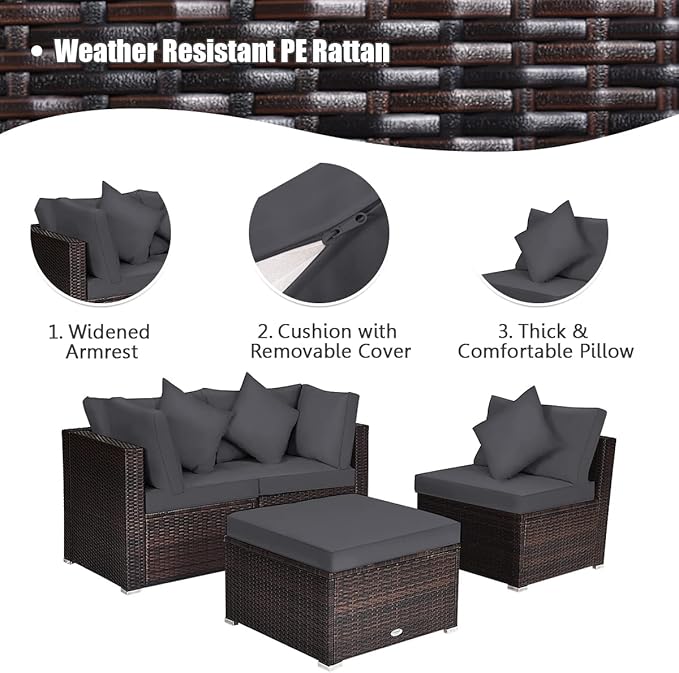 HAPPYGRILL 4PCS Patio Conversation Set Outdoor Wicker Sofa Set, Modern Sectional Couch Set with Washable Cushions & Pillows, All Weather PE Rattan Patio Furniture Set