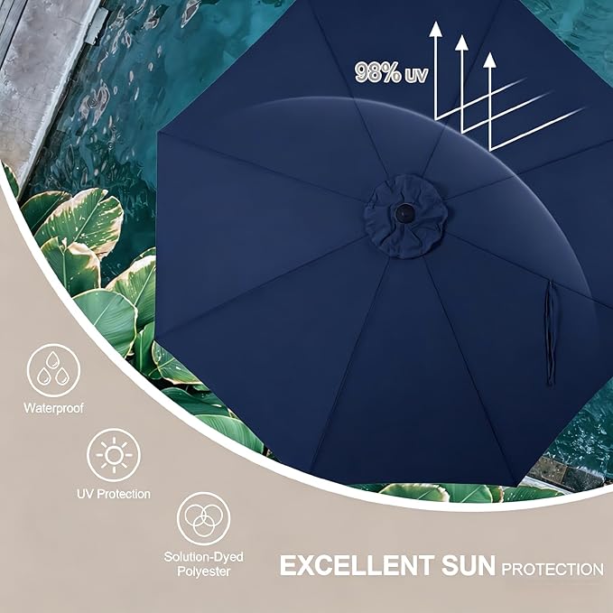 Tempera 9FT Scalloped Tassel Patio Umbrella, Outdoor Market Umbrellas with 8 Sturdy Ribs with Crank & Pust Button Tilt,Fade Resistant Canopy
