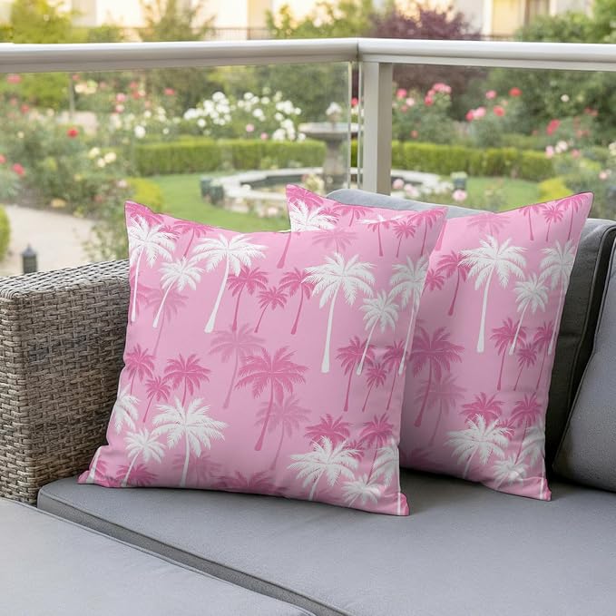 Throw Pillow Covers 16x16 Inch Set of 2, Tropical Palm Tree Waterproof Outdoor Pillow Covers, Magenta Pink Plants Coastal Leaf Beach Decorative Cushion Pillowcases for Couch, Sofa, Bed, Garden, Patio