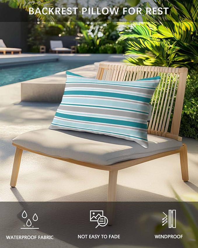 Pack of 2 Outdoor Lumbar Pillow Covers 11x16 Inch, Grey Blue Striped Waterproof Throw Pillow Covers Set, Farmhouse Stripes Modern Abstract Art Outside Decorative Cushion Cases for Patio Porch Car