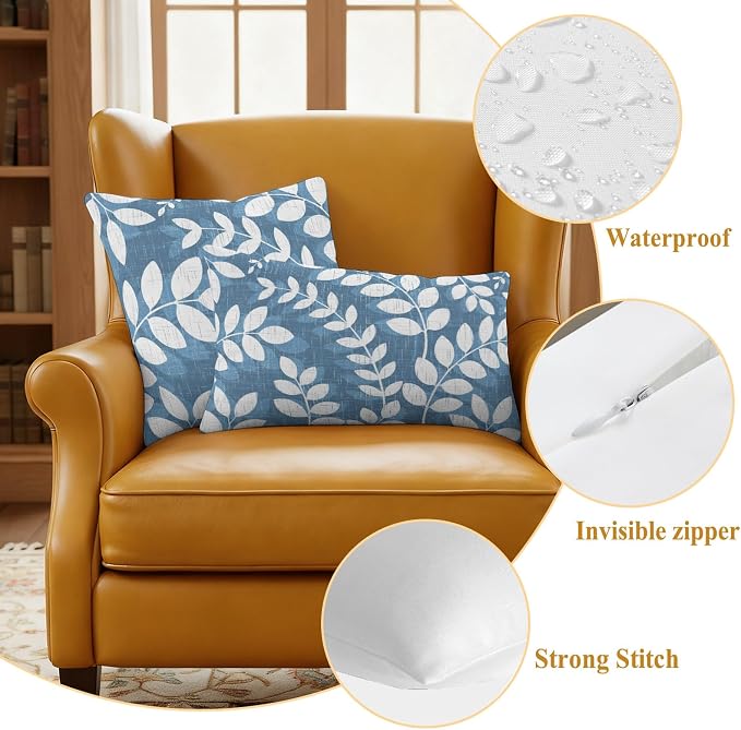 Lake Blue Leaves Outdoor Waterproof Throw Pillow Covers 20x12 Set of 2, Farmhouse Botanical Branch Vintage Boho Leaf Decorative Pillowcases Cushion Pillowcase for Couch Sofa Patio Pillow Protector
