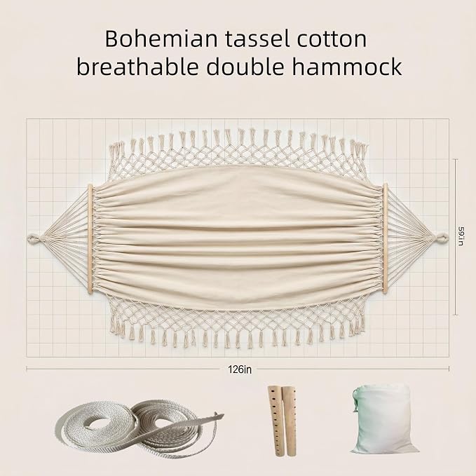 Bohemian Canvas Hammock with Tassels, Brown, 79"x59" | Soft Breathable Cotton Canvas Hammock,79x59in,2 Hanging Straps Wooden Bar;3 colors,compact for students renters dorm balcony