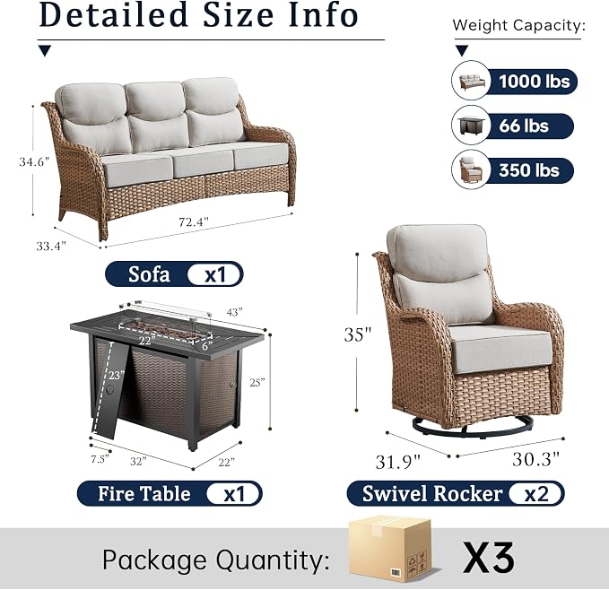Luxury High Back Outdoor Furniture 6-Inch Thick Cushions with 50,000 BTU Gas Propane Fire Pit Tablet, Patio Furniture Set with Swivel Chairs, for Porch, Balcony, Deck and Yard