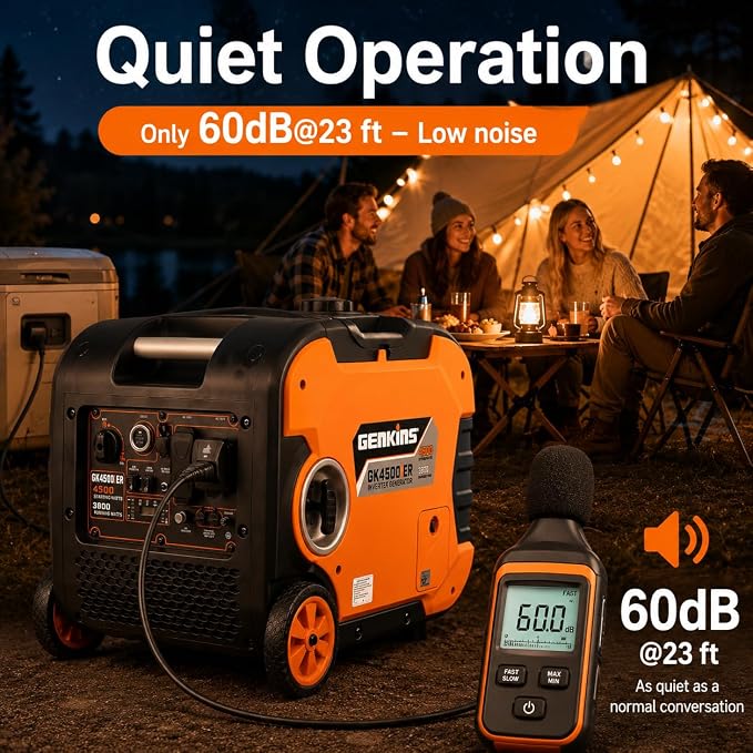 Genkins 4500W Portable Inverter Generator Gas Powered Pure Sine Wave Lightweight Quiet Electric and Remote Start Parallel Capability for Camping RV Home Backup