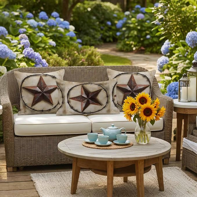 Country Star Retro Waterproof Outdoor Pillow Covers Set of 2 Home Decor, Farmhouse Western Aesthetic Art Pillowcase Patio Pillow Covers for Couch Bench Furniture Garden 16x16in