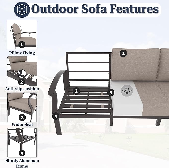 Kurapika Aluminum Patio Furniture Set 5-Seat Modern Metal Outdoor Conversation Sets w/5.1 Inch Cushion Patio Sectional Sofa, Sand