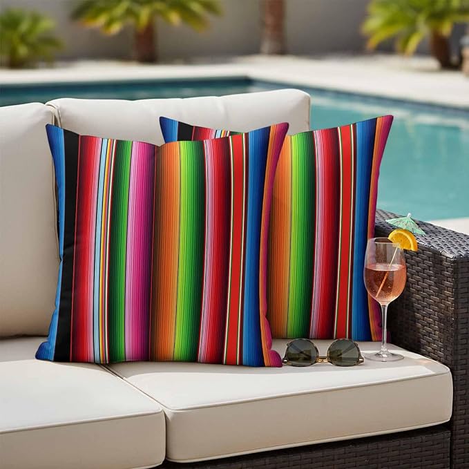 Red Green Blue Striped Outdoor Pillow Covers 16x16 Inch Throw Pillow Covers Set of 2 Waterproof Decorative Pillow Cases Modern Abstract Striped Cushion Covers for Patio Furniture Garden Couch Sofa