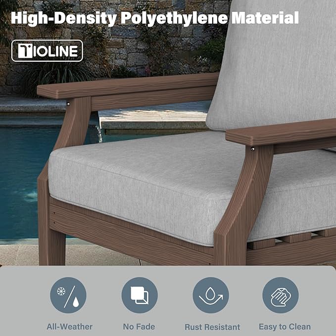 HDPE Patio Conversation Set, 6-Piece All Weather Outdoor Furniture Set with 2 Single Rocking Armchairs for Deck, Lawn, with Cushion, Brown