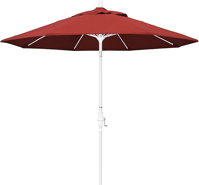 California Umbrella 9' Round Aluminum Pole Fiberglass Rib Market Umbrella, Crank Lift, Collar Tilt, White Pole, Red Olefin