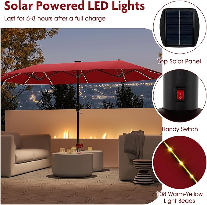 Tangkula 13 Ft Solar Patio Umbrella, Double-Sided Extra Large Outdoor Market Table Umbrella with 108 LED Lights, Crank Handle, 12 Sturdy Ribs for Poolside, Garden & Backyard (Burgundy)