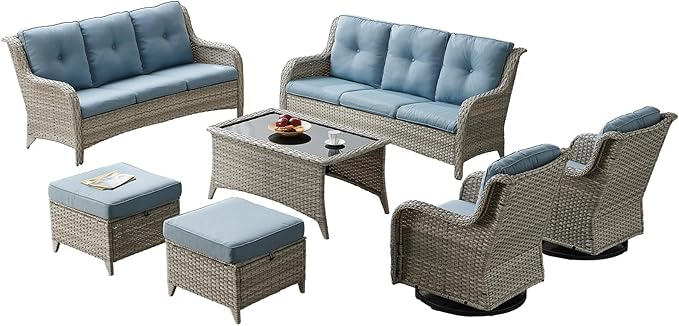 Rilyson Patio Furniture Swivel Chairs Set - 7 PC Wicker Rattan Outdoor Sectional Conversation Sets with Rocking Chairs,Ottoman,Sofa and Coffee Table for Porch Deck Garden(Light Grey/Sky Blue)