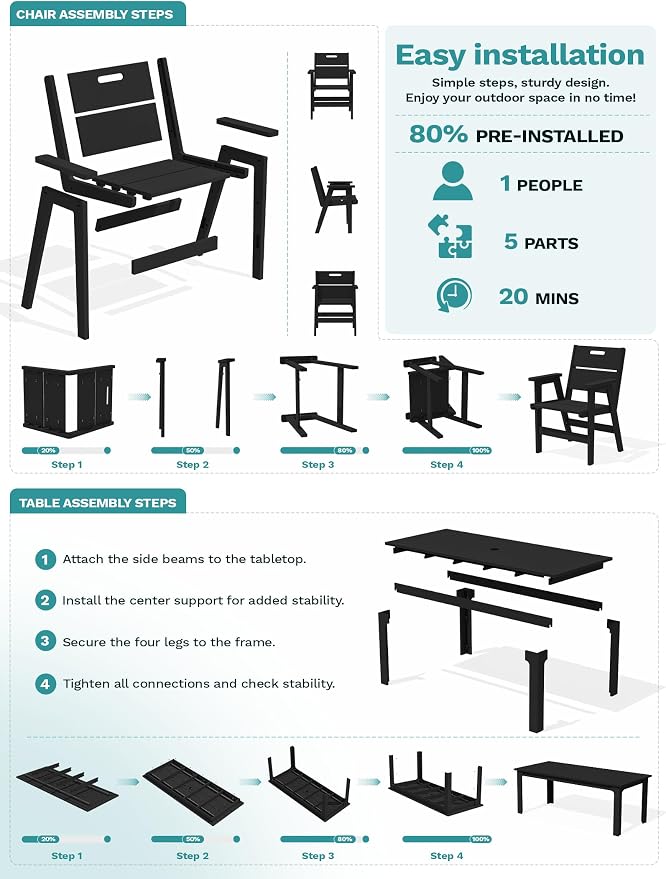 SERWALL 10-Piece Outdoor Patio Dining Set, 76" HDPE Table with 8 Chairs & 1 Umbrella (Base Excluded), All Weather Resistant Heavy Duty Outdoor Furniture for Backyard Deck Garden, Black