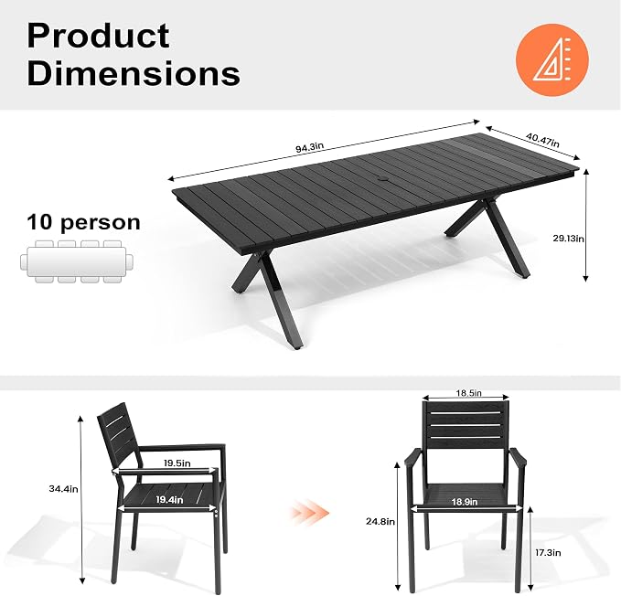 Pellebant 11 Piece Patio Table and Chairs Set for 10, Aluminum Outdoor Dining Set with Umbrella Hole, Stackable Dining Chairs & 94" Dining Table, Black