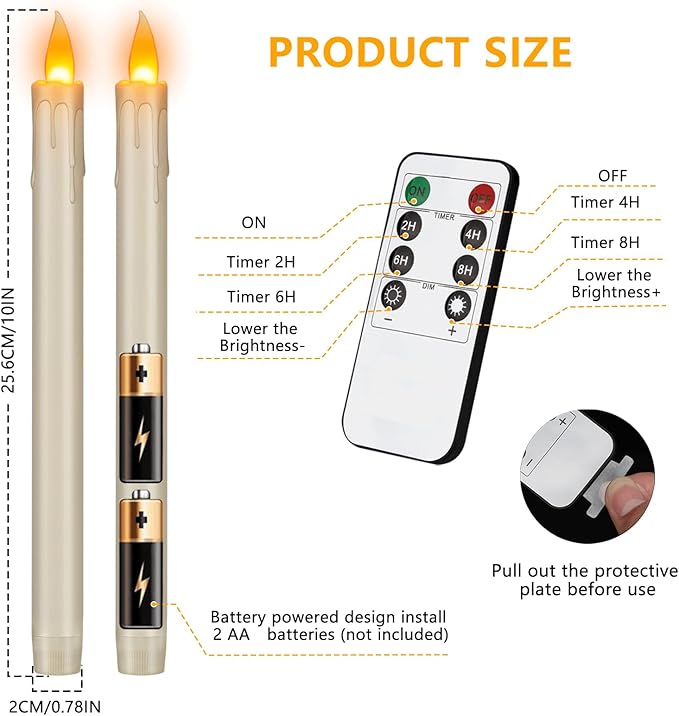 wemarry Flickering Flameless Taper Candles, 10" Fake Taper Candles Battery Operated with Timer, Long Lasting-Ivory Electric Led Candlesticks for Xmas Halloween Wedding Home Décor(Ivory Drip, 12 Pack)
