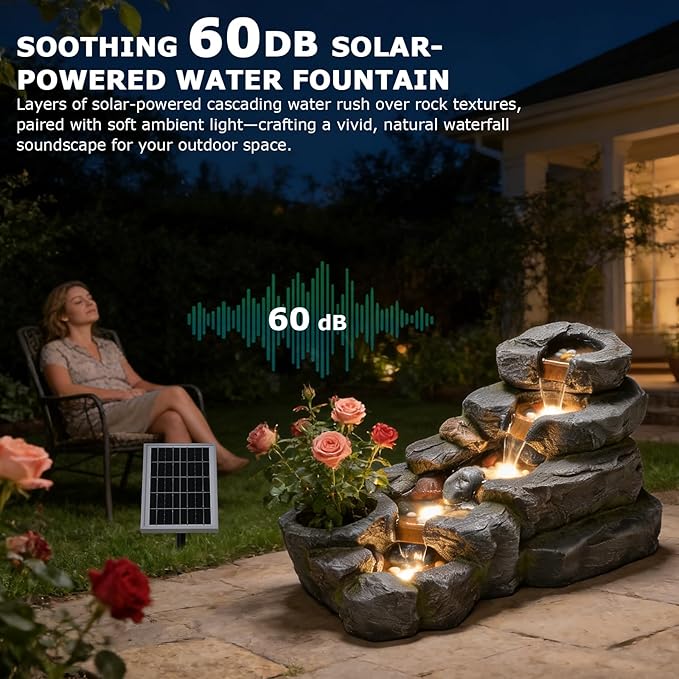 5-Tier Solar Water Fountain Outdoor, 38.2" L Rock Waterfall Fountains Solar Powered Floor Standing Outdoor Water Feature with LED Lights for Patio, Garden,Porch, Yard, Home Art Decor（Grey）