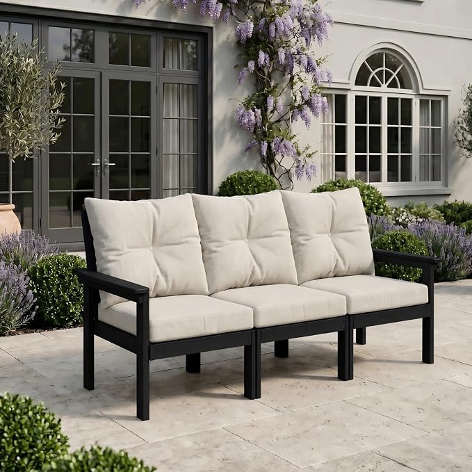 HDPE 3 Piece Patio Furniture Set, All-Weather Outdoor Couch Set with Thick Cushions, Patio Conversation Sets for Lawn, Garden, Porch, Balcony, Deck, Poolside, Black Frame Beige Cushion
