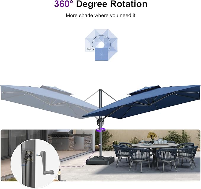 PURPLE LEAF 12FT Sunbrella Patio Umbrella Double Top Large Offset Hanging Outdoor Square 360° Rotation Heavy Duty Cantilever Umbrella for Garden Deck Pool Backyard Spectrum Indigo