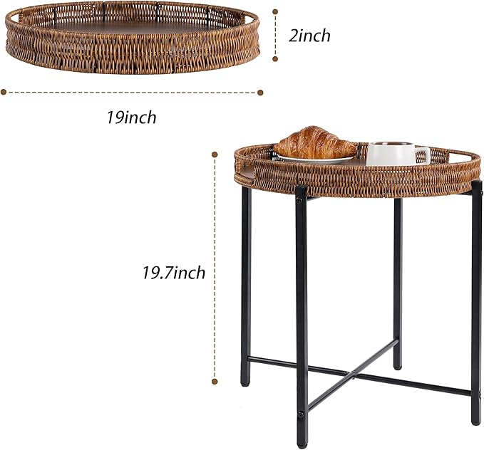 19in Round Rattan Side Table with Wooden Tray，Small Round Wicker Wooden End Table，Rattan End Table for Indoor Use, Living Room, Bedroom, Office, Balcony-Brown