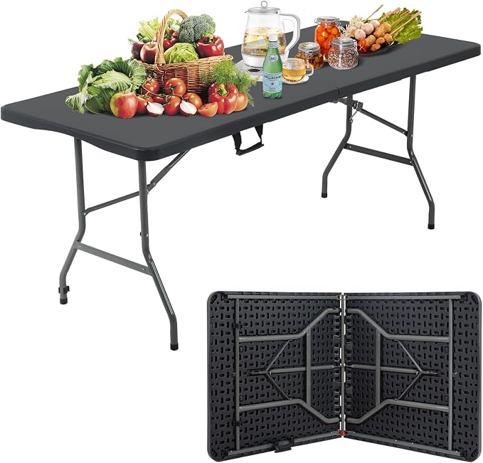 6Ft Folding Table Foldable Table Portable Indoor Outdoor Plastic Heavy Duty Fold Up Table Dining Picnic Table with Lock Function Black, 70.9 x 29.1 x 29.1 inches