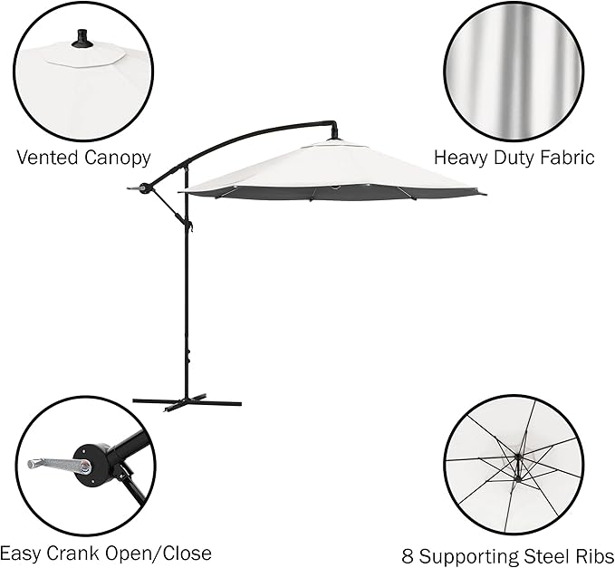 Pure Garden Offset Patio Umbrella – 10 Ft Cantilever Hanging Outdoor Shade - Easy Crank and Base for Table, Deck, Porch, or Poolside (Tan)