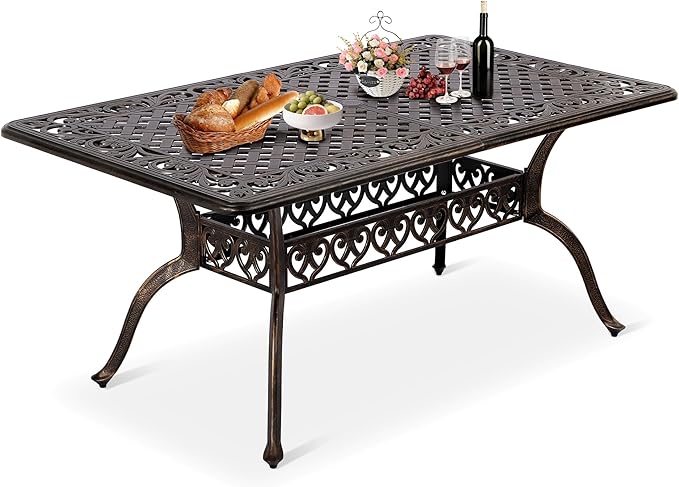 Grepatio Patio Dining Table Outdoor Cast Aluminum Rectangular Table Weather-Resistant People Party Large Table with 2" Umbrella Hole for Lawn Backyard Garden, Black and Bronze 59.06“x35.24"x28.35"