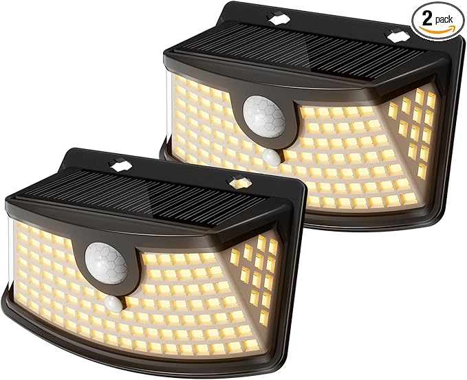 Aootek New Solar Motion Sensor Lights 120 LEDs with Lights Reflector,270° Wide Angle, IP65 Waterproof, Step Lights for Front Door, Yard, Garage, Deck (Black, Warm White, 2-Pack)