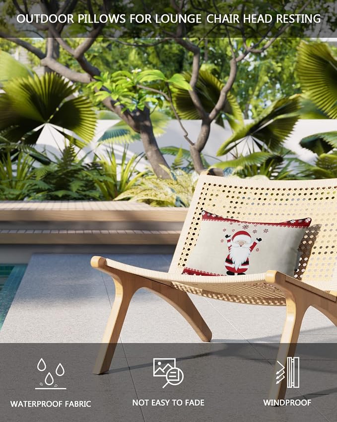 Outdoor Pillows Covers with Inserts Merry Christmas Gnome Santa Claus Snowflakes Border Waterproof Pillow with Adjustable Strap Throw Pillows for Patio Furniture Recliner Lounge Chair, 11" x 16", 1PCS