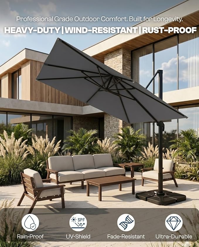 8' X 8' Patio Umbrella, Cantilever Umbrella with 360°Rotation, Offset Patio Umbrella with Easy Tilt & Fade Resistance for Pool Deck Garden Backyard, Charcoal (Base not Included)