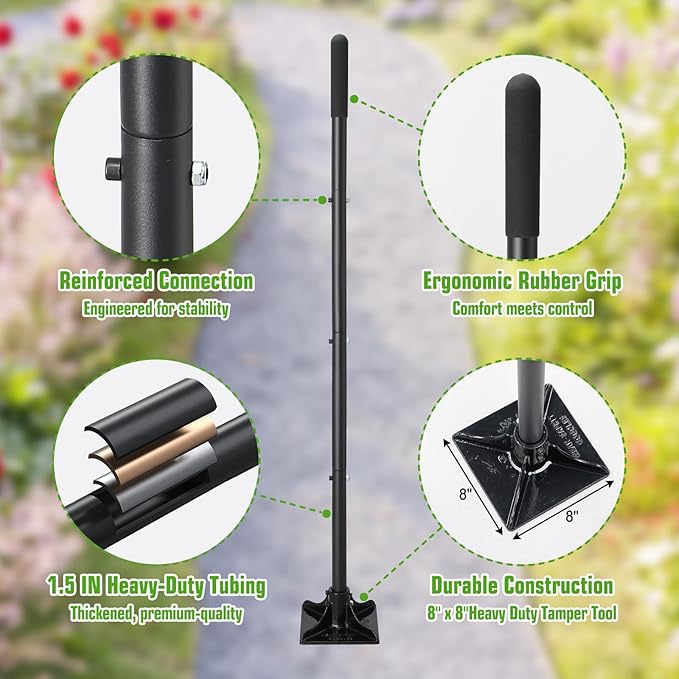 Tamper Tool Landscaping, 59IN Tamper Tool 8"×8" Garden Tamper for Leveling Soil Sand Gravel Asphalt Ground Paver Driveway Garden Yard Lawn Edging Fence Post Installation and Blacktop Repair