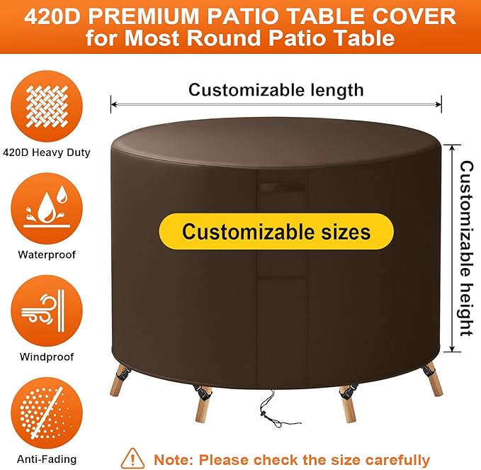 58"(D) x 38"(H) Round Outdoor Furniture Cover, Custom Heavy Duty 420D Waterproof Patio Furniture Cover with Drawstring & Buckles for Table Chair Garden, Coffee